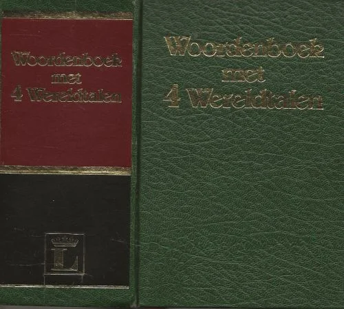 Woordenboek met 4 wereldtalen .. Rose: Nederlands-Frans, Frans-Nederlands. Geel: Nederlands-Duits, Duits-Nederlands. Oranje: Nederlands-Engels, Engels-Nederlands. Groen: Nederlands-Spaans, Spaans-Nederlands. Koop Vandaag