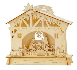 Flitsaanbieding WOODEN HOUSE NATIVITY LED LIGHT 17X18CM